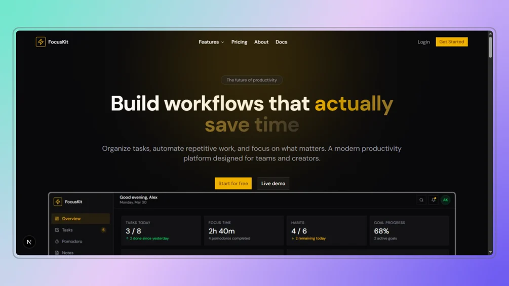 Image of FocusKit — Productivity App Template (Next.js 16 + Tailwind v4 + shadcn/ui)